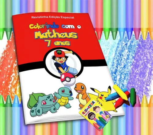 Revistinha p/ Colorir Personalizada Pokemon + Giz de Cera