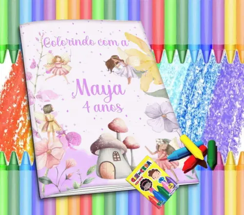 Revistinha p/ Colorir Personalizada Fadas + Giz de Cera