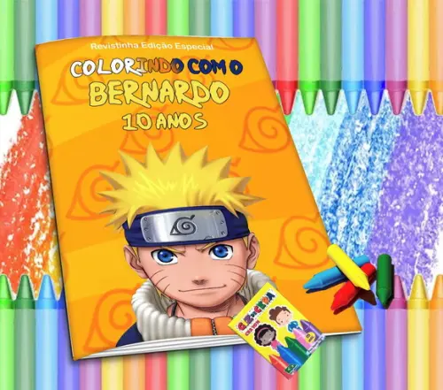 Revistinha p/ Colorir Personalizada Naruto + Giz de Cera
