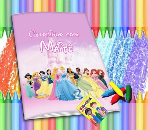 Revistinha para Colorir Personalizad Princesas + Giz de Cera