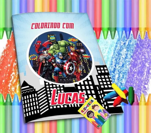 Revistinha para Colorir Personalizada S Heróis + Giz de Cera