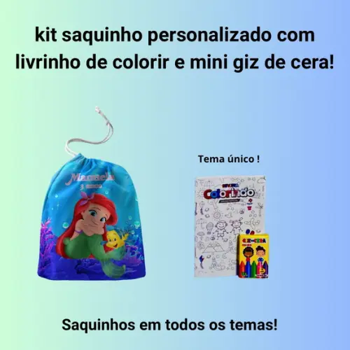 Kit Saq. Personalizado Pequena Sereia + Livrinho p/ Colorir