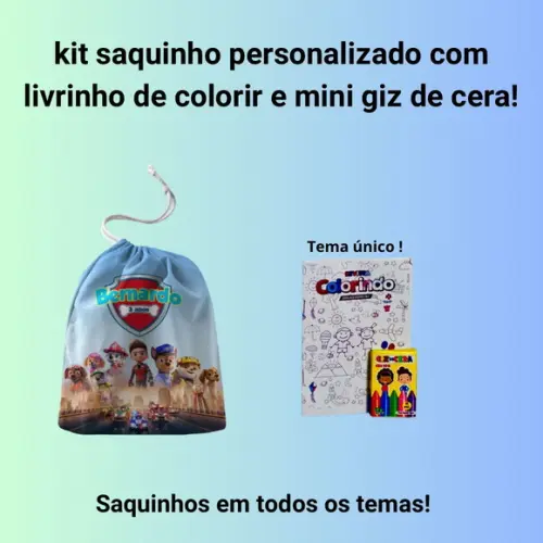 Kit Saq. Personalizado Patrulha Canina + Livrinho p/ Colorir