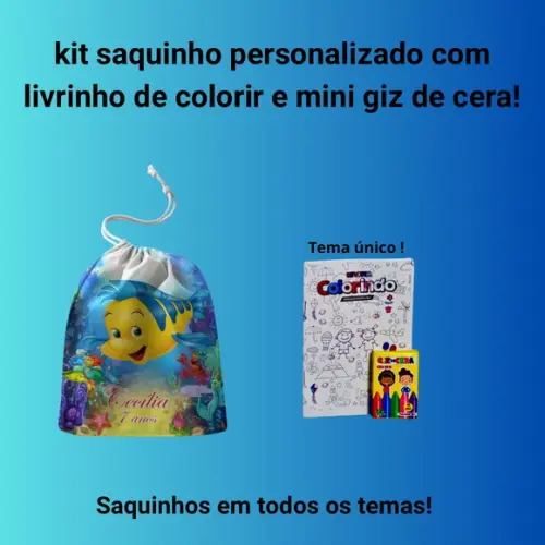 Kit Saq. Personalizado Pequena Sereia + Livrinho p/ Colorir
