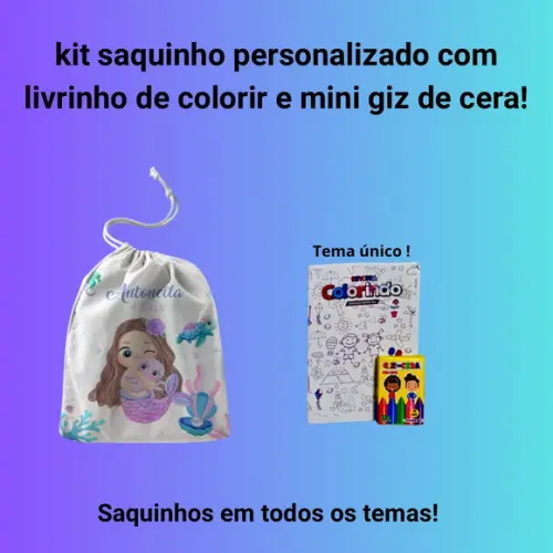 Kit Saquinho Personalizado Sereia + Livrinho para Colorir