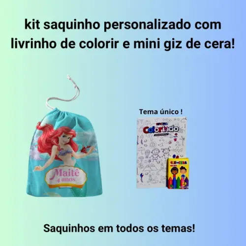 Kit Saq. Personalizado Pequena Sereia + Livrinho p/ Colorir
