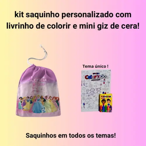 Kit Saq. Personalizado Princesas + Livrinho p/ Colorir