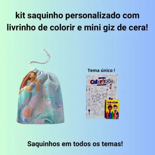 Kit Saq. Personalizado Pequena Sereia + Livrinho p/ Colorir