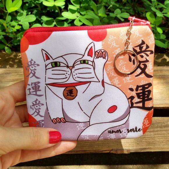 Porta Moedas em Tecido Estampa Maneki Neko