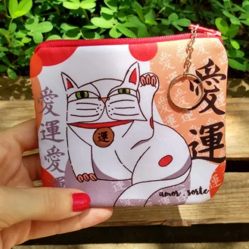 Porta Moedas em Tecido Estampa Maneki Neko