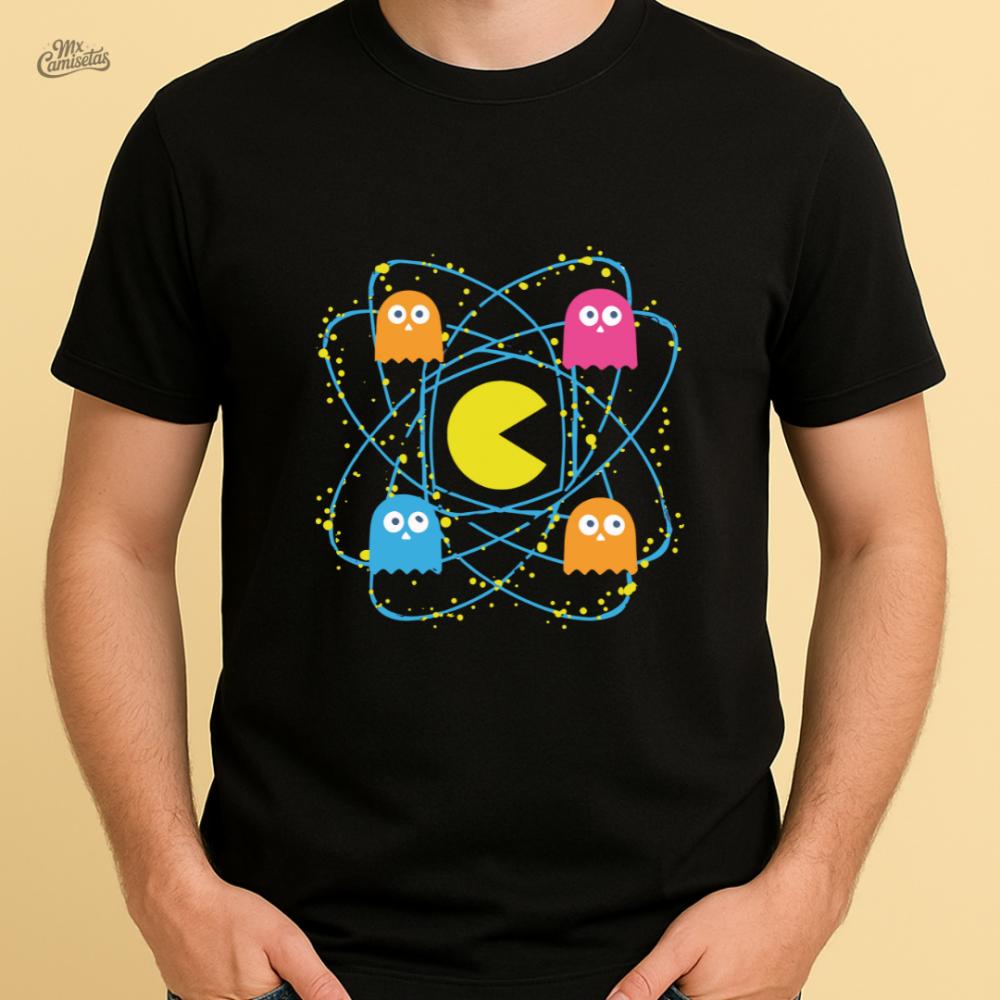 Camiseta Feminina Artesanal Geek Pac-Man Átomo – Estampa Criat