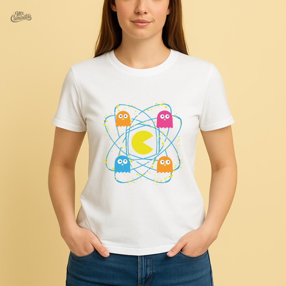 Camiseta Feminina Artesanal Geek Pac-Man Átomo – Estampa Criat