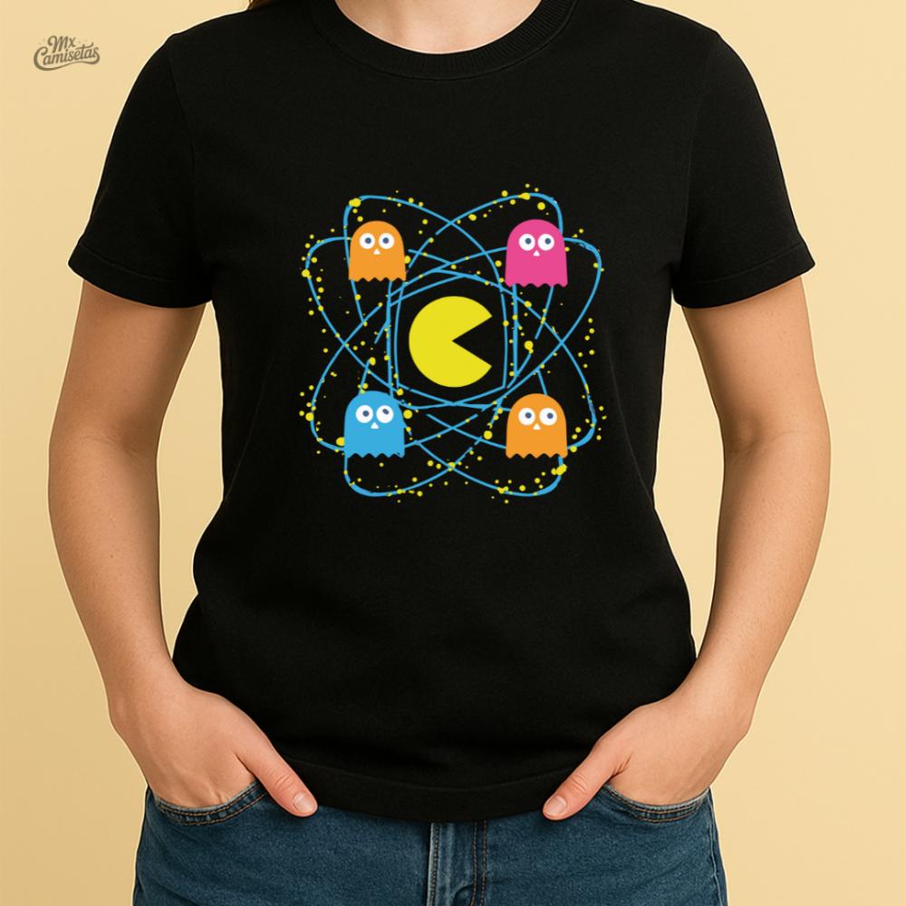 Camiseta Feminina Artesanal Geek Pac-Man Átomo – Estampa Criat