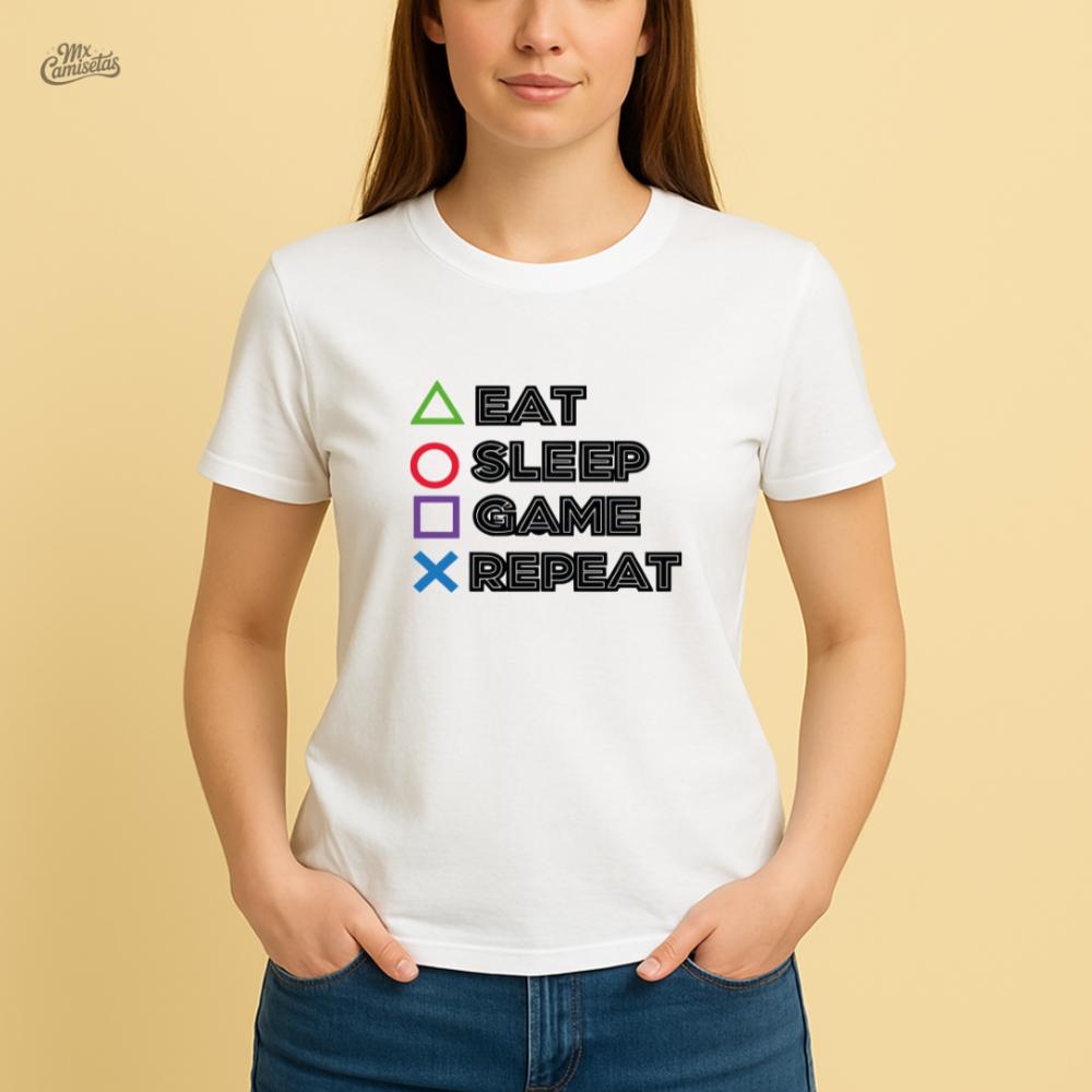 Camiseta Feminina Artesanal Eat Sleep Game Repeat – Estampa Cri