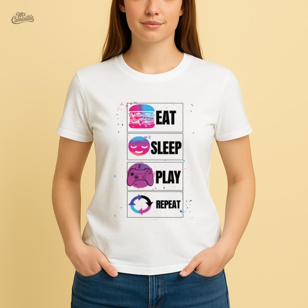 Camiseta Feminina Artesanal Eat Sleep Play Repeat – Estampa Div