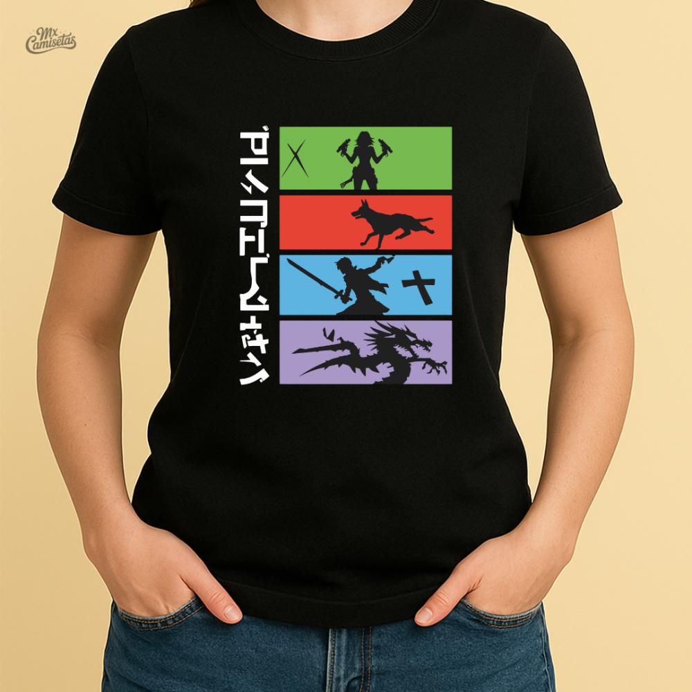 Camiseta Feminina Artesanal RPG Fantasy – Estampa com Silhuetas