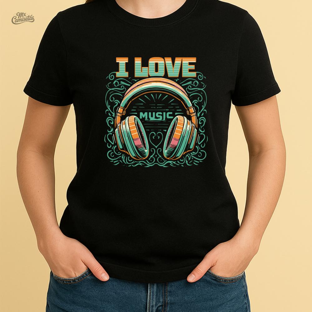 Camiseta Feminina Artesanal I Love Music – Estampa Colorida com