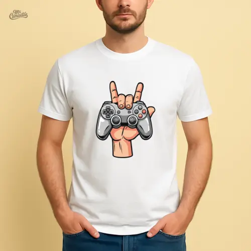 Camiseta Artesanal Gamer Rock and Play – Estampa Divertida com Controle e Gesto Rock para Gamers Estilosos