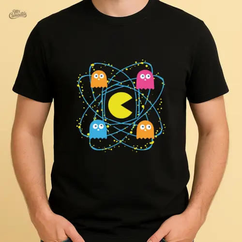 Camiseta Feminina Artesanal Geek Pac-Man Átomo – Estampa Criat