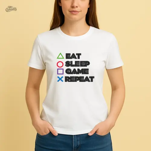 Camiseta Feminina Artesanal Eat Sleep Game Repeat – Estampa Criativa com Ícones Gamer para Jogadoras com Estilo