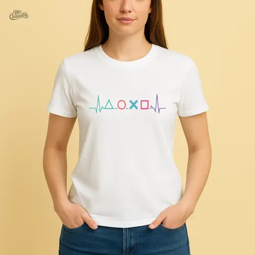 Camiseta Feminina Artesanal Batimentos Gamer – Estampa Minimalista com Símbolos Geek para Apaixonadas por Games