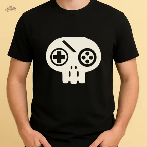 Camiseta Masculina Artesanal Caveira Gamer Retrô – Estampa Criativa e Estilosa para Fãs de Games com Atitude