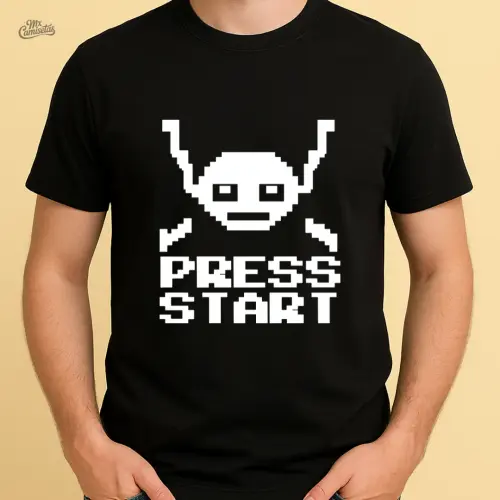 Camiseta Masculina Artesanal Press Start – Estampa Pixelada Retrô para Amantes de Games Clássicos