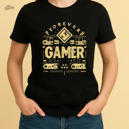 Camiseta Feminina Artesanal Forever Gamer – Estampa Retrô com Controles Clássicos para Mulheres Apaixonadas por Games