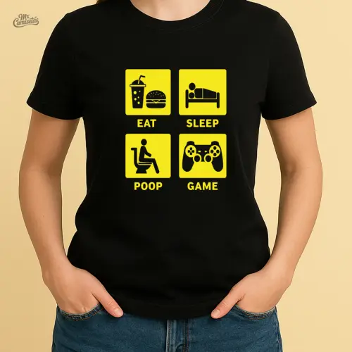 Camiseta Feminina Artesanal Eat Sleep Poop Game – Estampa Divertida e Irônica para Gamers Bem-Humoradas