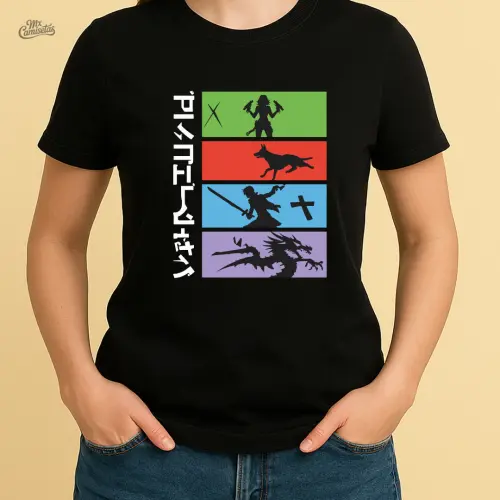 Camiseta Feminina Artesanal RPG Fantasy – Estampa com Silhuetas de Heróis, Criaturas e Dragão em Cores Estilizadas