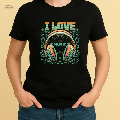 Camiseta Feminina Artesanal I Love Music – Estampa Colorida com Fones Estilizados para Apaixonadas por Música