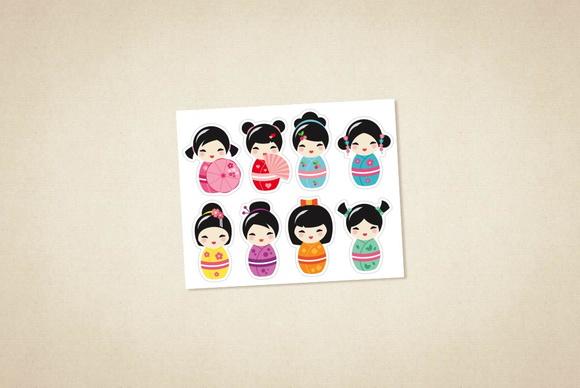 Cartela de Adesivos Kokeshi