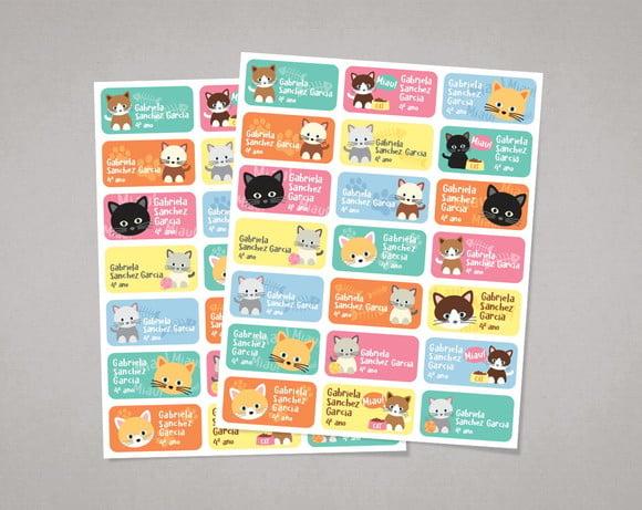 Etiquetas para Cadernos e Livros Gatinhos em Adesivo Comum