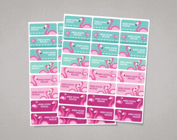 Etiquetas para Material Escolar Flamingos em Adesivo Comum