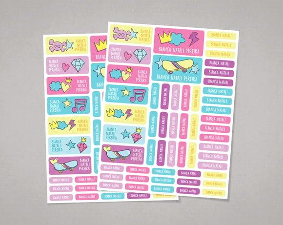 Etiquetas para Material Escolar Skate Menina Adesivo Comum