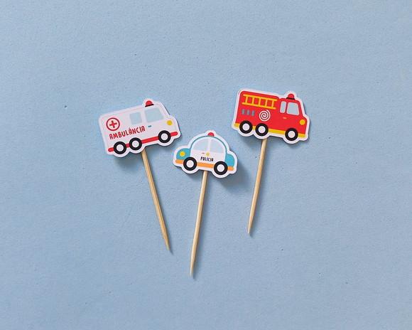 Kit com 33 Mini Toppers Ambulância Polícia Bombeiro