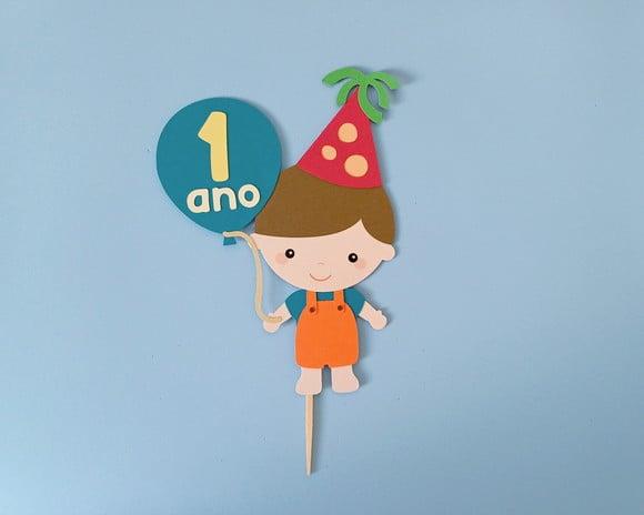 Topo de Bolo Bebê Menino com Balão