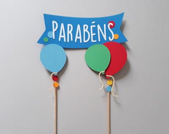 Topo de Bolo Bexigas Parabéns
