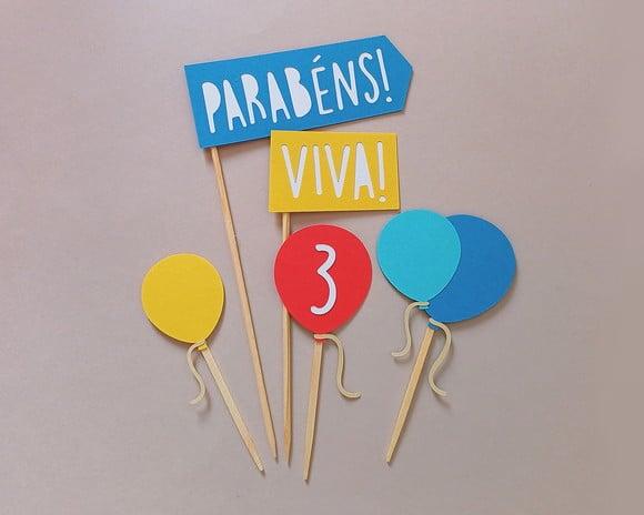 Topo de Bolo Bexigas Parabéns Viva