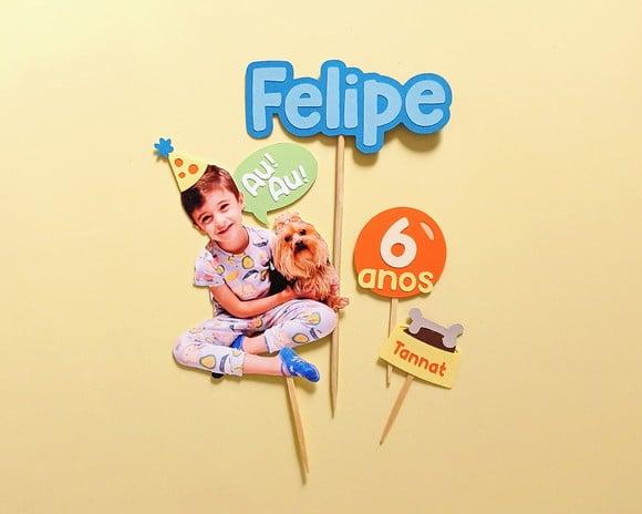 Topo de Bolo Cachorro com Aniversariante Foto Grande