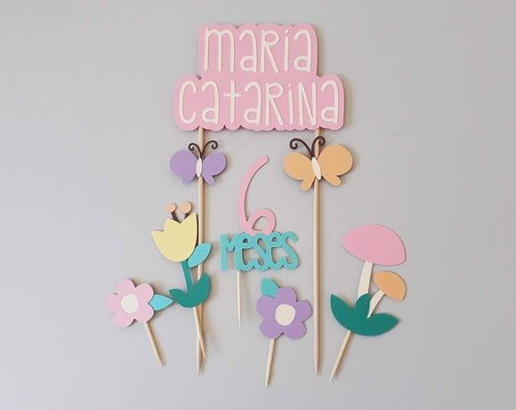 Topo de Bolo Jardim Borboletas Rosa