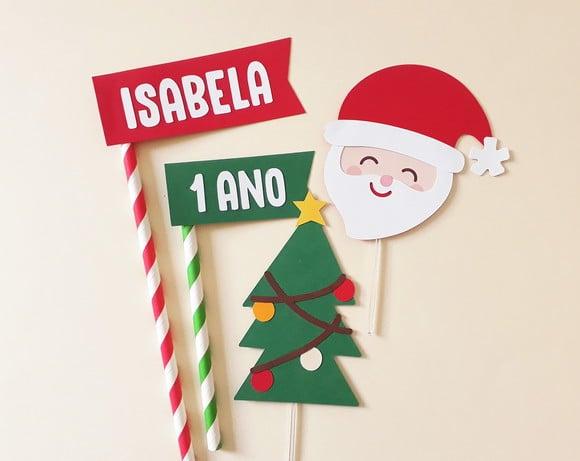 Topo de Bolo Natal Papai Noel e Árvore