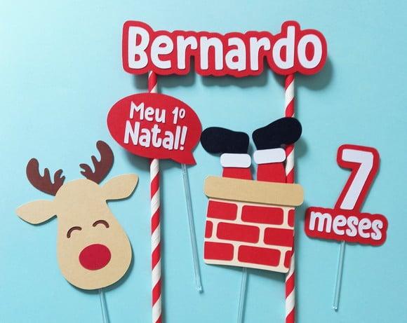 Topo de Bolo Papai Noel na Chaminé e Rena 1º Natal