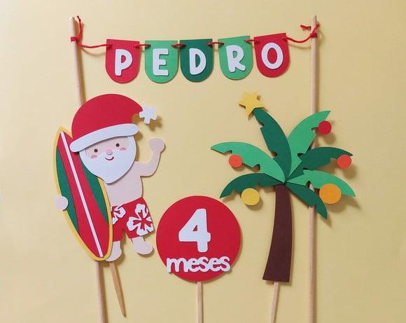 Topo de Bolo Papai Noel Surfista
