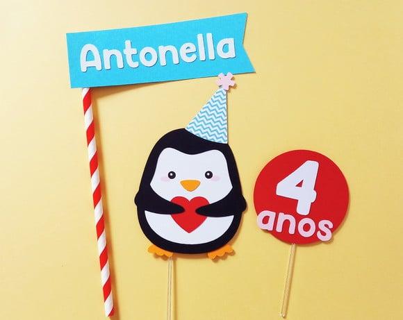 Topo de Bolo Pinguim com Coração