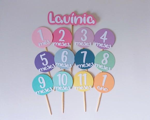 Kit 12 Toppers Mesversário com Nome