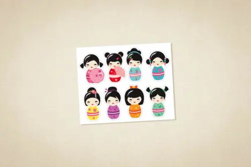 Cartela de Adesivos Kokeshi
