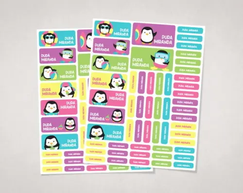 Etiquetas Escolares Coloridas Pinguim Tropical Vinil Adesivo