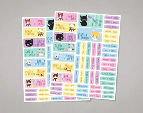 Etiquetas Escolares Gatinhos Candy Colors em Adesivo Comum