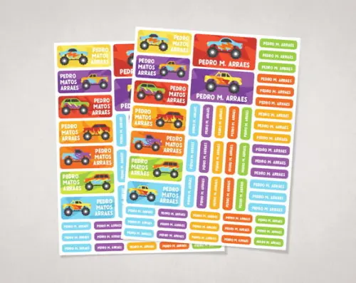 Etiquetas Escolares Monster Trucks em Vinil Adesivo